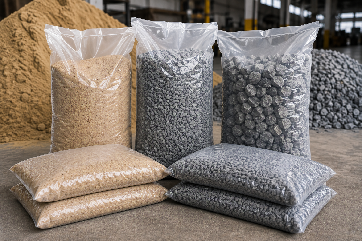 Sacos plásticos com areia e pedra